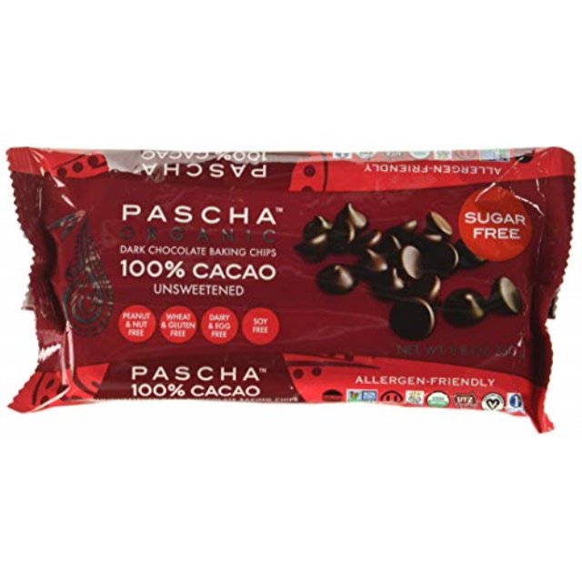 pascha organic dark chocolate baking chips 100 cacao, unsweetened