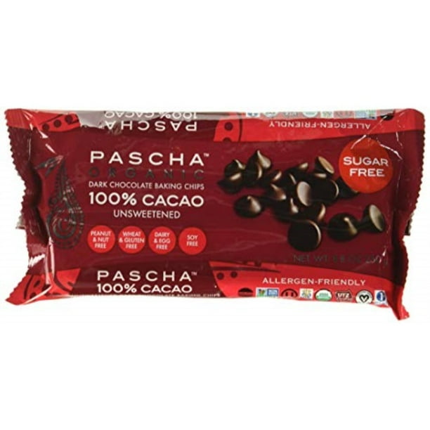 pascha organic dark chocolate baking chips 100 cacao, unsweetened