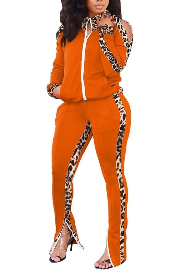 Womens 2 Piece Outfit Cold Shoulder Zipper up Long Sleeve Jacket and Pants Set Joggers Tracksuits