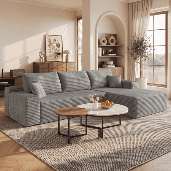 CKEASEAN 107" Oversized Boneless Couch with Right L-Shape Chaise, Modern Modular Sectional Sofa with Deep Seat, No Assembly Required, Cloud Sectional Couch, Corduroy Fabric