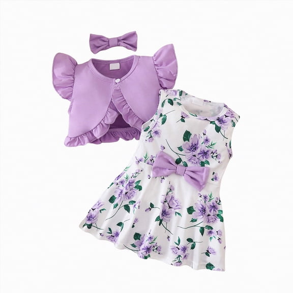 CAICJ98 Toddler Girls Dress with Cardigan Set Little Girl Floral Sleeveless Dress Ruffle Coat Baby Ruffle Sleeveless Spring Summer Outfit (Purple,12-18 Months)