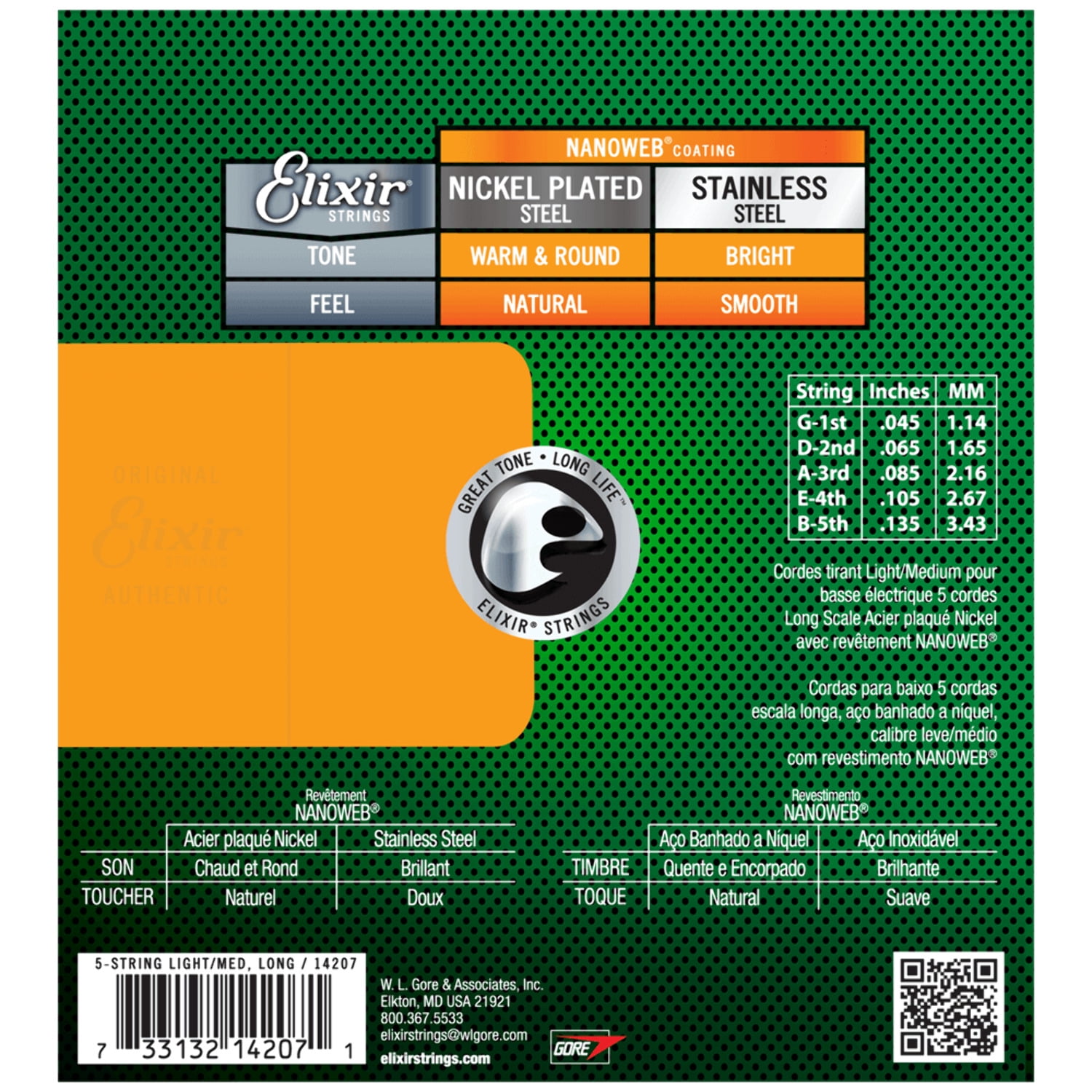 Elixir Nickel Plated Steel 5-String Bass Strings Long Scale Light/Med 045-135