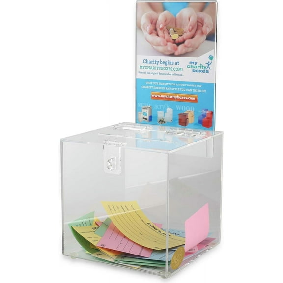 Acrylic Raffle Box with Lock and Sign Holder, Charity Donation And Ballot Box, Suggestion Box - Plastic Comment Box - Plexiglass Collection Box - Complaint Box with Slot - Clear Box 6.25" X 6.25"