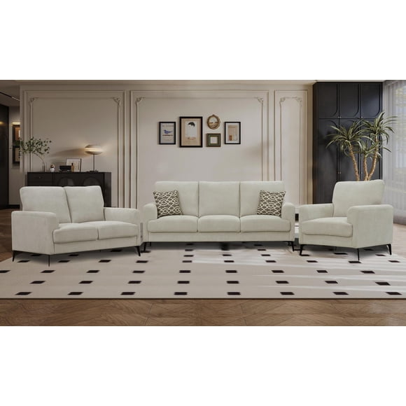 K-Living Rhea Snowflake Velvet Fabric 3 PCS Sofa Set in Beige Color(Sofa, Loveseat and a Chair)