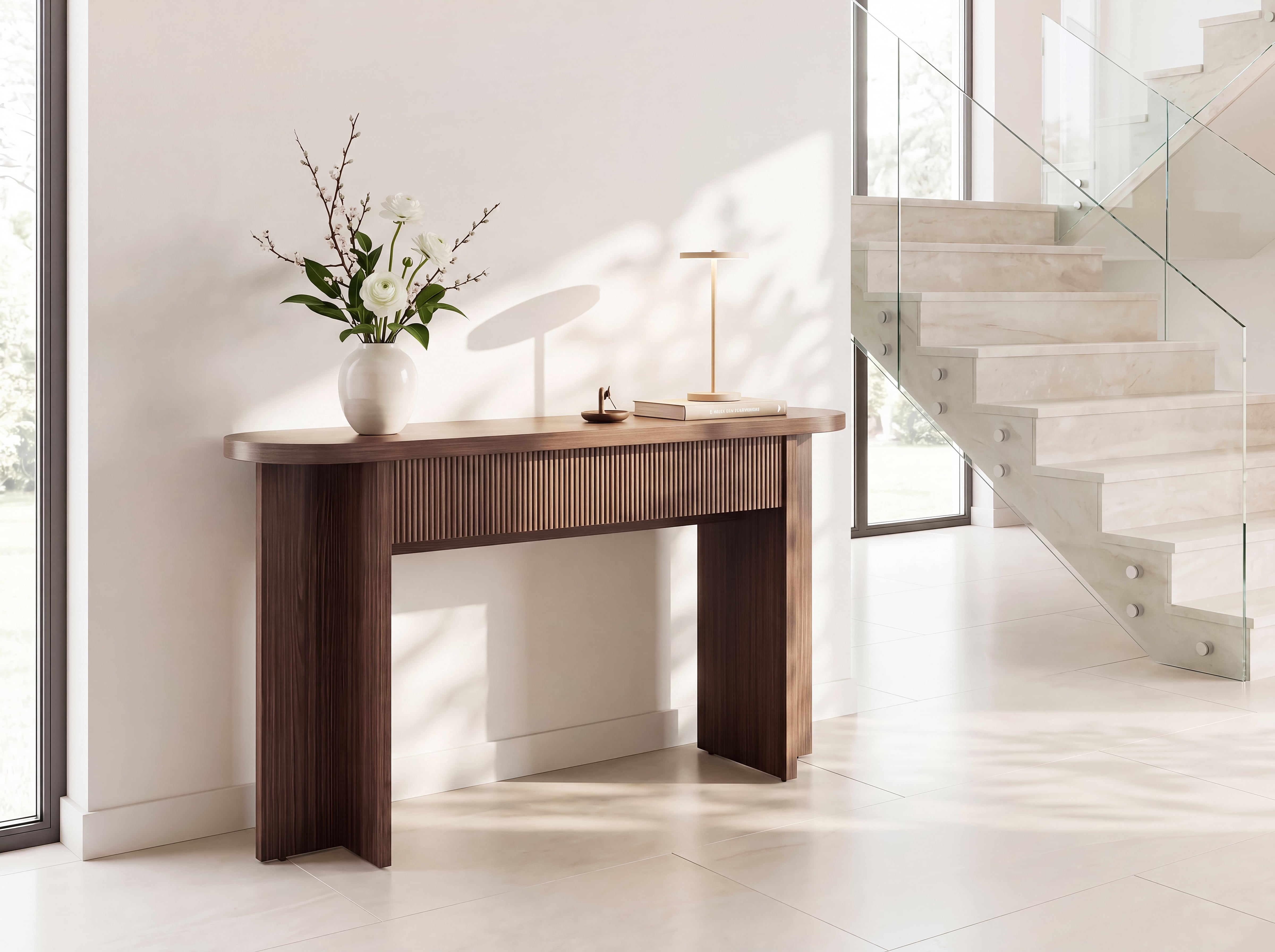 Mintazer 55" Fluted Console Table with 2 Drawers, Modern Entryway Tables with Storage, Sofa Table for Entryway Hallway Living Room, Brown