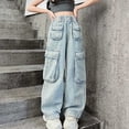 thumbnail image 5 of Baggy Cargo Pants for Girls Wide Leg Jeans Y2k Hip Hop Streetwear Low Rise Oversized Pull On Denim Pants Grunge Clothes Years 5-14 Blue-B, 5 of 9