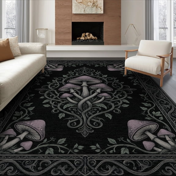 ODIKA 8'x10' Washable Area Rug Halloween Mushroom Sage Mauve Symmetrical Clusters Witchy Moody for Living Room, Under Sectional, Family , Durable, Non-Slip