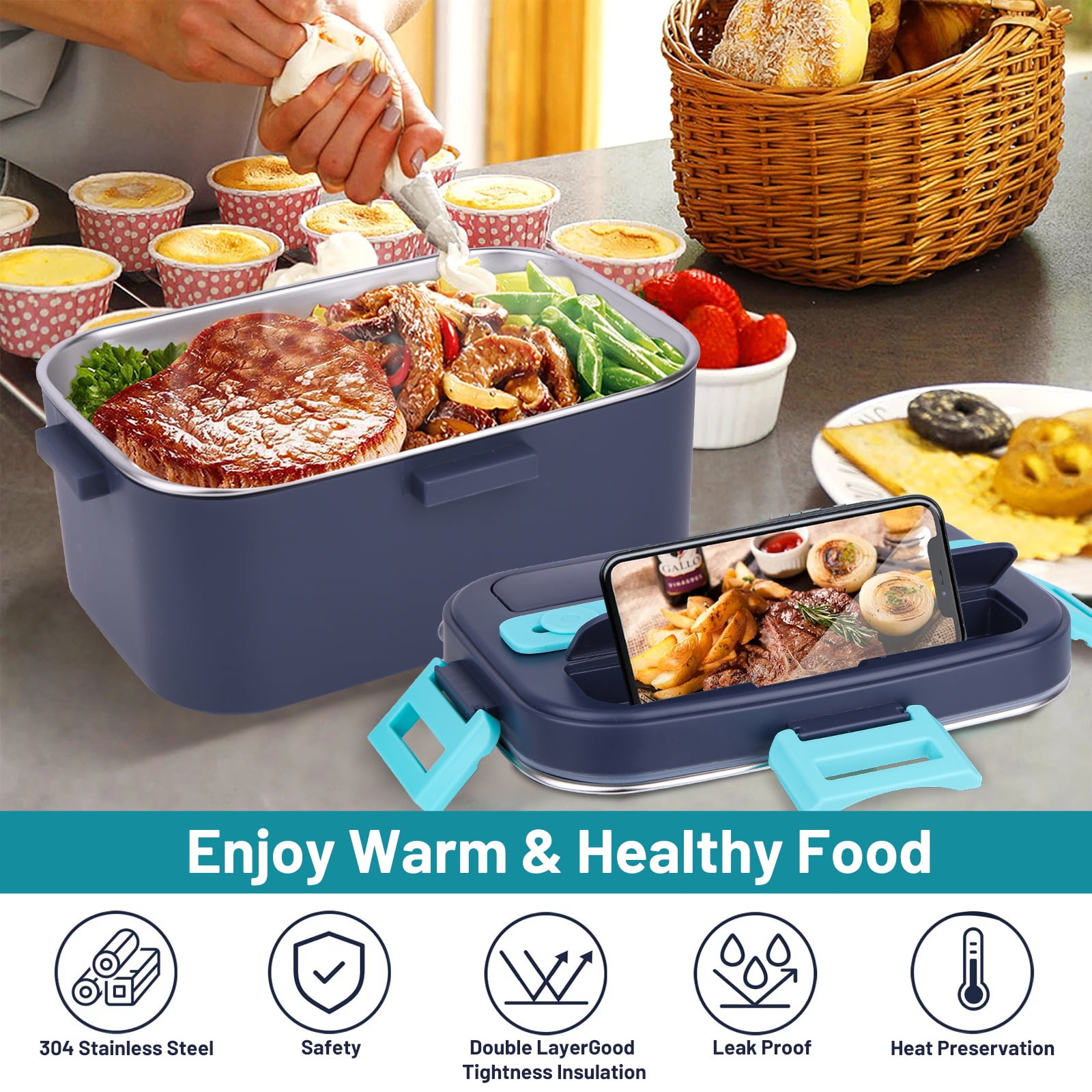 Electric Lunch Box Food Heater, 80W Heated Lunchbox for Adults, Portable Food Warmer with 1.8L Stainless Steel Container/Fork/Spoon for Car Office School, 2 Compartments with Carry Bag 12V-24V 110V