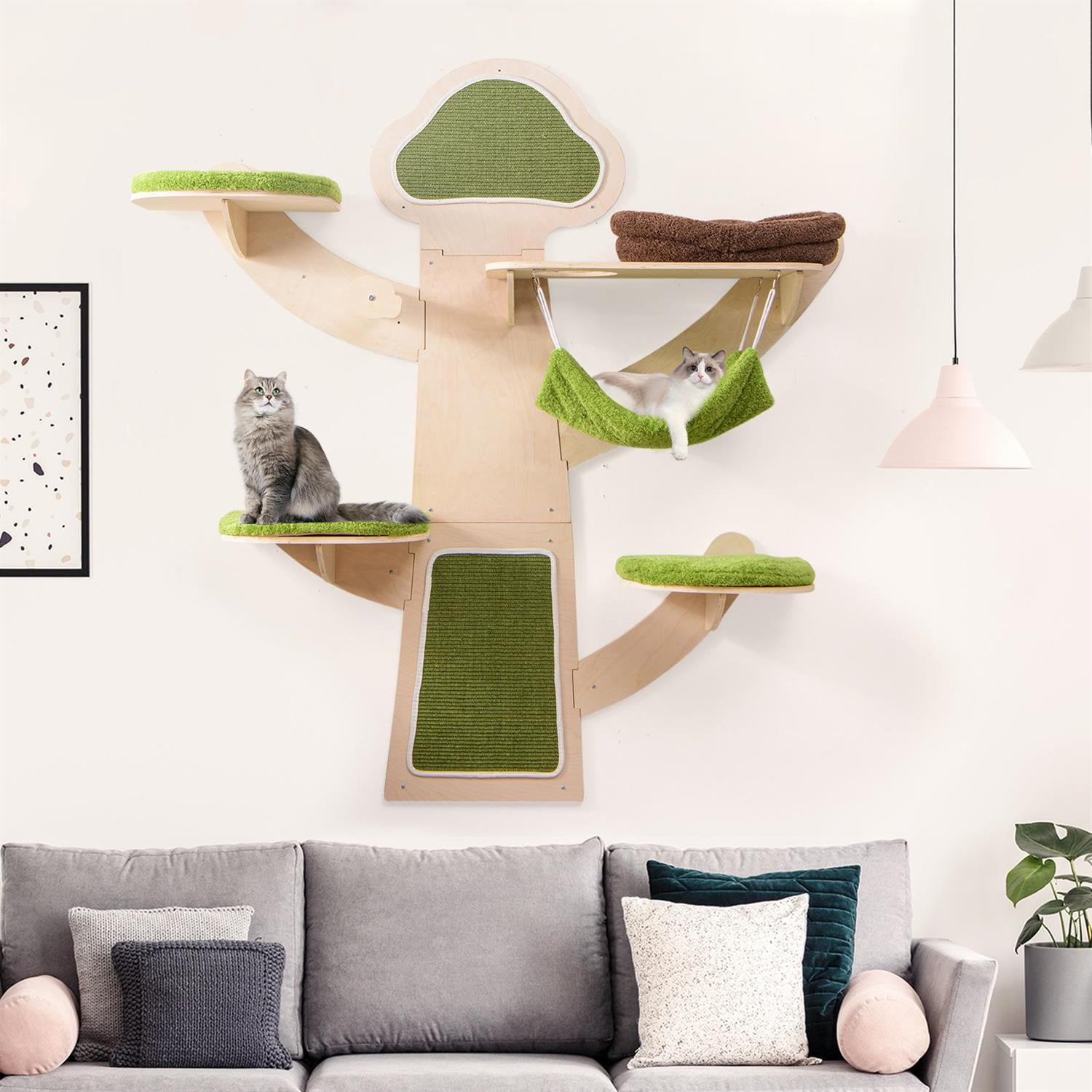 Pefilos Wall-Mounted Cat Tower, Cat Wall Shelves & Cat Bed, Hammock & Sisal Scratching Posts, Green