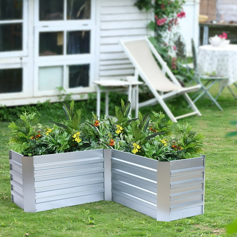 LuxenHome L-Shaped Silver Galvanized Steel Raised Garden Bed