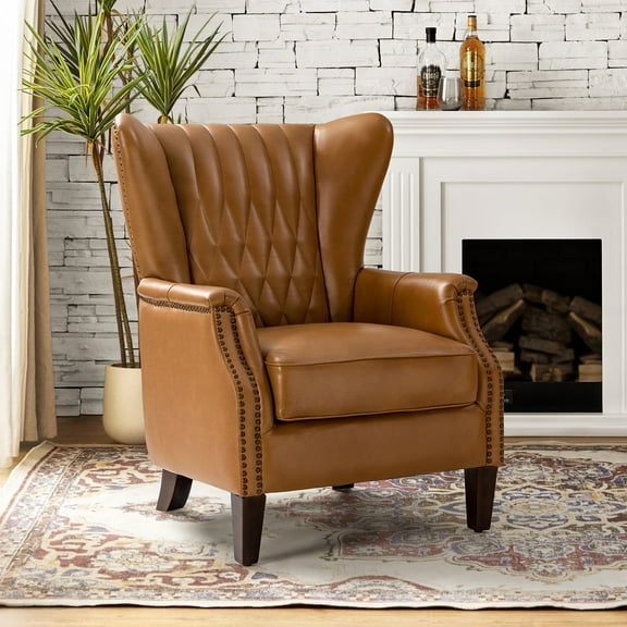 Traditional Genuine Leather Accent Chair with Nailhead Trim Tufted Armchair for Living Room Camel