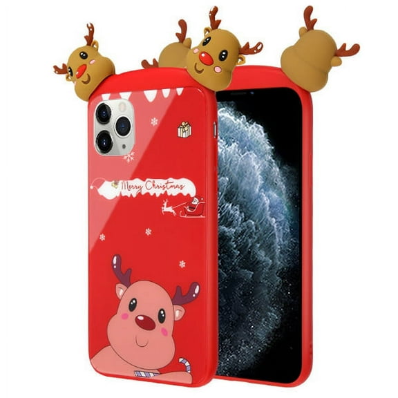 Apple iPhone 11 PRO Phone Case Slim Thin Hybrid 3D Merry Christmas Design Toy Cartoon Tempered Glass Back & Soft TPU Rubber Anti-Scratch Cover [RED Christmas Deer] Cases for Apple iPhone 11 Pro