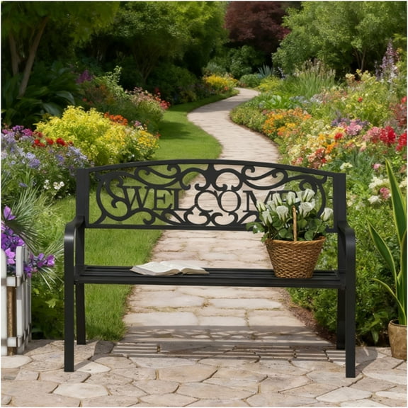 JERFIT 2-Person Black Metal Garden Bench, Outdoor Patio Loveseat with Welcome Backrest, Rust-Resistant Steel for Porch, Yard