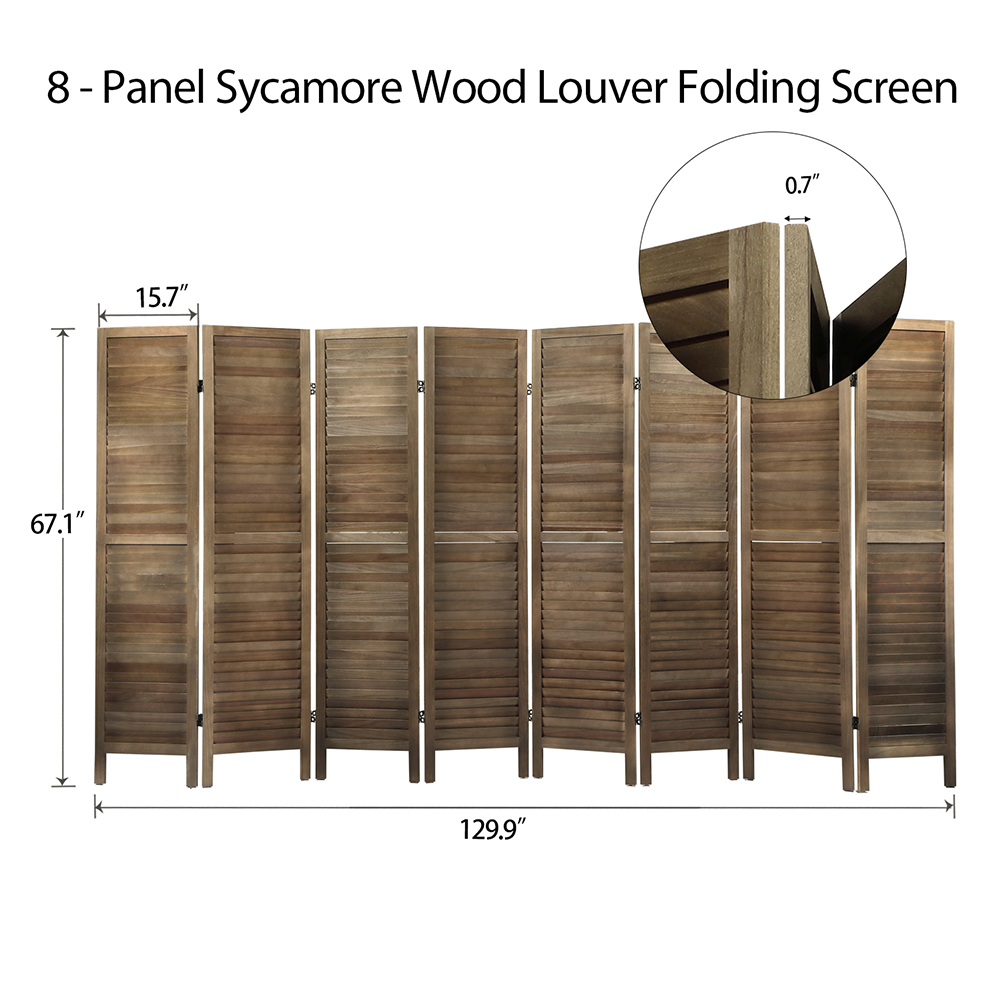 Kadyn 8 Panel Solid Wood Wall Divider for Living Room, Foldable Privacy Screen with Non-slip Feet, Home Office Freestanding Room Divider for Study, Brown