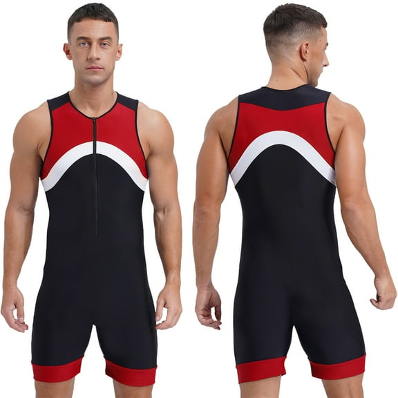 vastwit Men's Zipper Wetsuit Short Jumpsuit One Piece Swimsuit Sleeveless Wrestling Singlet Leotard Red XXL