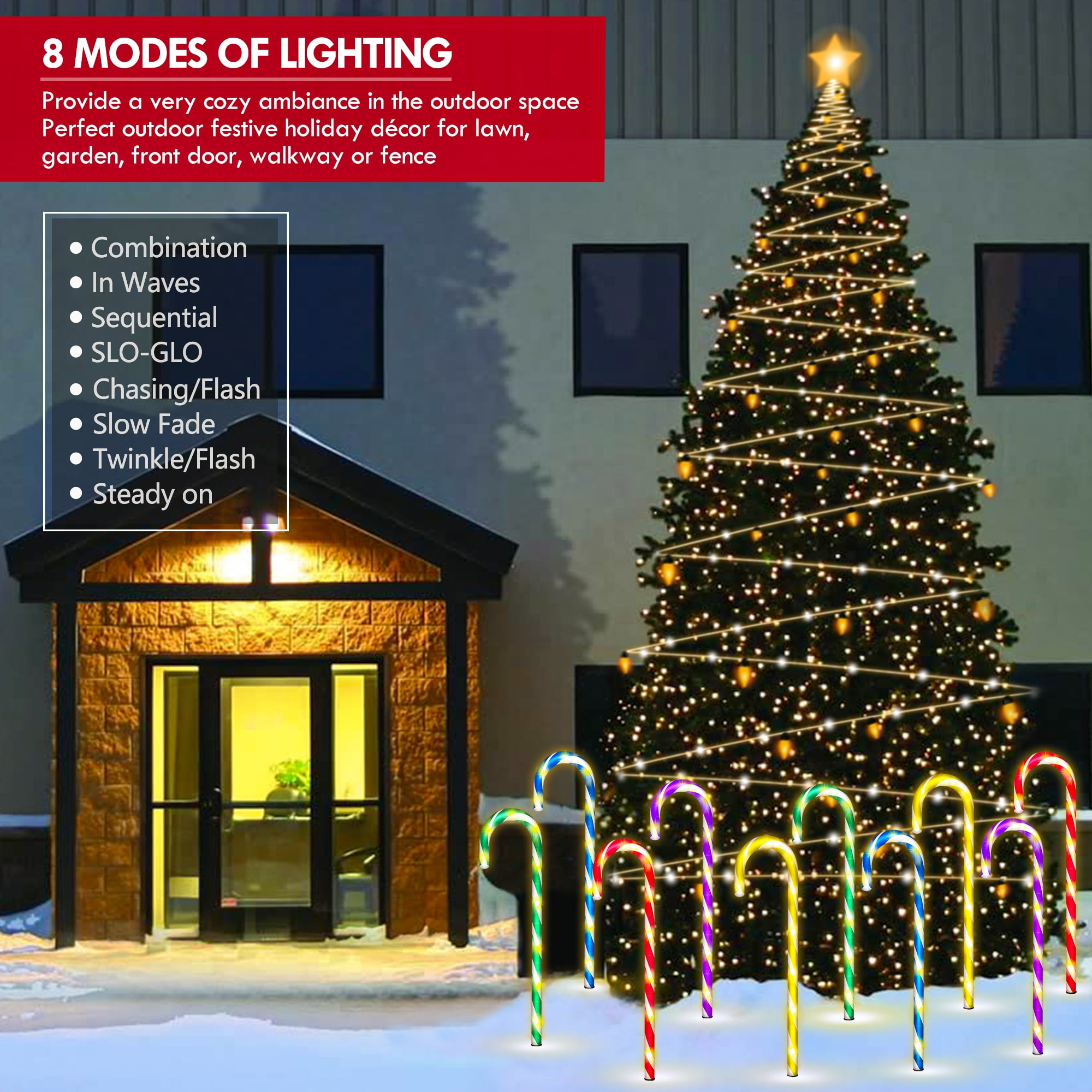 10 Pack 8 Modes Christmas Candy Cane Lights 21 Inch Flickering Candy Cane Pathway Marker Waterproof UL Listed Christmas Lighting Decoration Light Outdoor Indoor