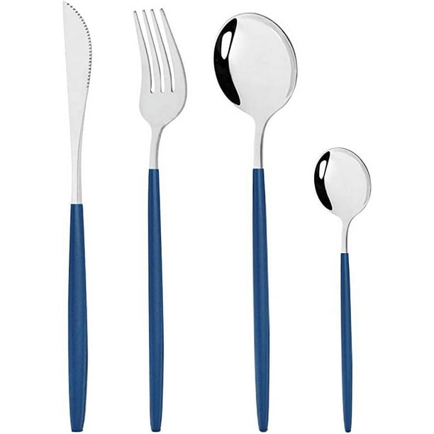 XmhyTop Juego de cubiertos de acero inoxidable reutilizables, cubiertos con espejo (para 10 personas, color azul plateado)