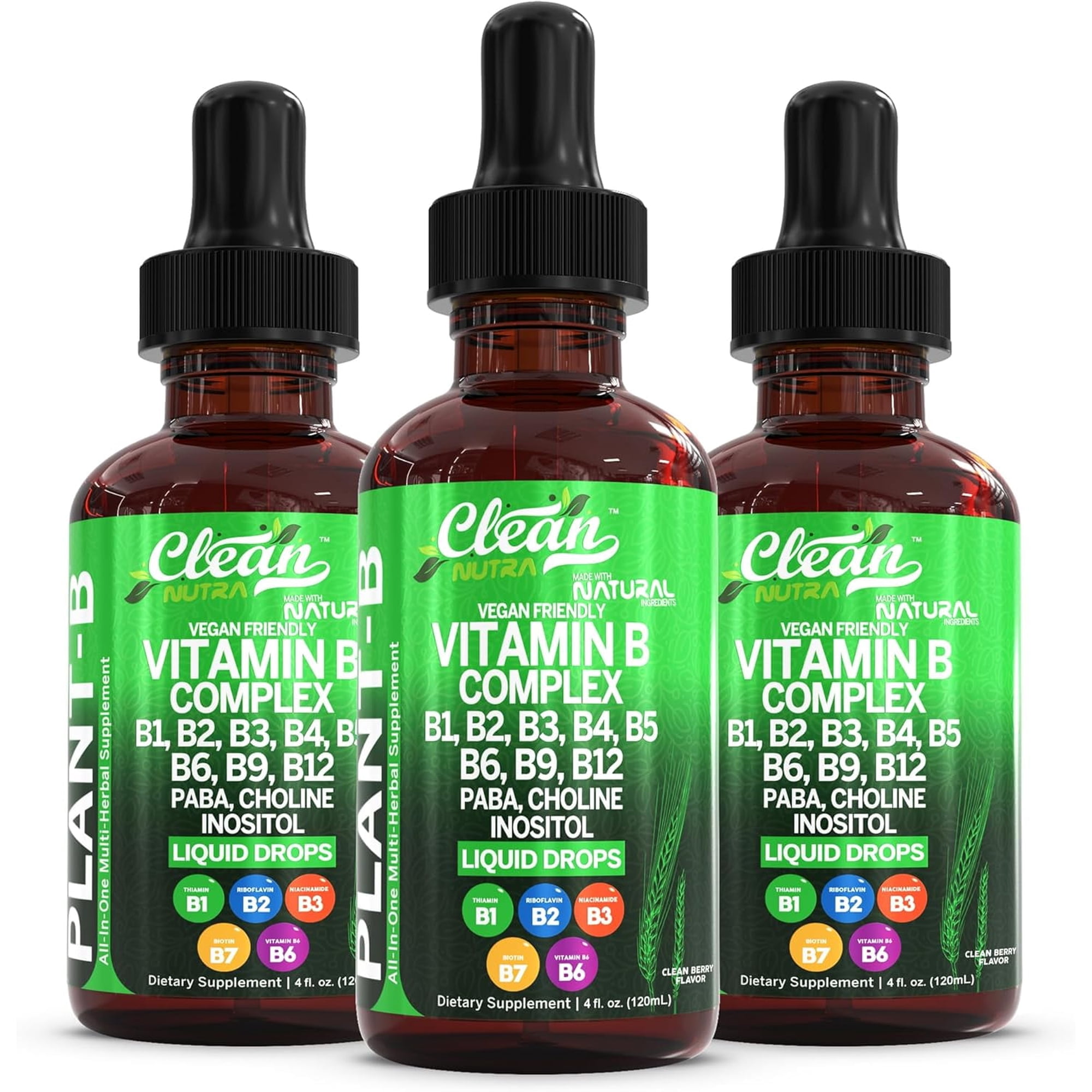 Plant-B Vitamin B Complex Liquid Drops 3 Pack - B1 B2 B3 B6 B12 Niacinamide Choline Taurine Probiotics by Clean Nutra