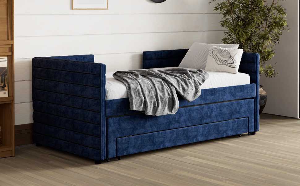 MAYEERTY Twin Upholstered Daybed Trundle 3 Drawers Chenille Sofa Bed for Guest Room Living Room Dark Blue
