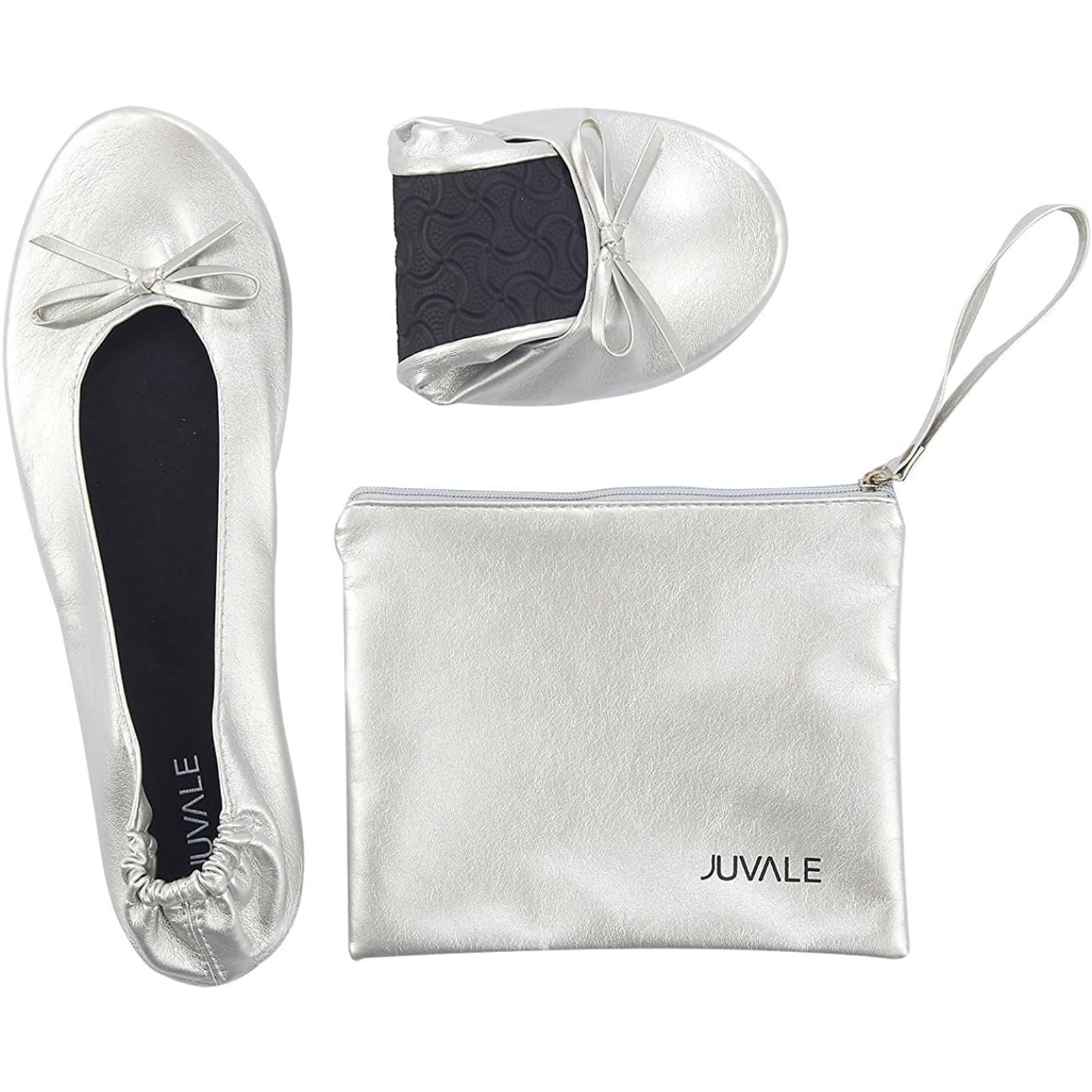 Foldable Ballet Flats - Medium, Us 6.5-7.5 Women'S Portable Ballerina Roll Up Shoes with Matching Carrying Pouch for Travel, Silver