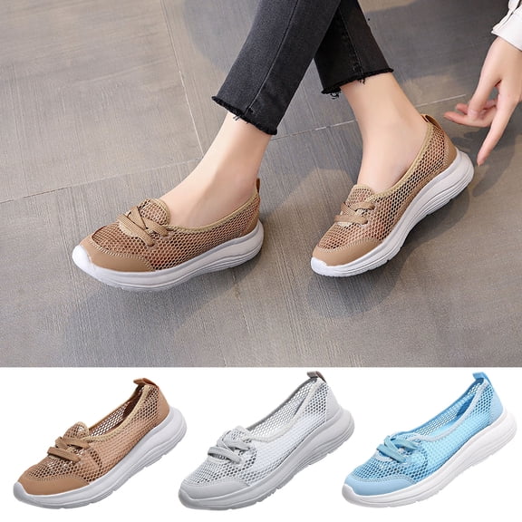 Taqqpue Slip On Sneakers Women Breathable Mesh Knitted Woven Low Top Walking Shoes Lightweight Wide Width Non-Slip Shoes