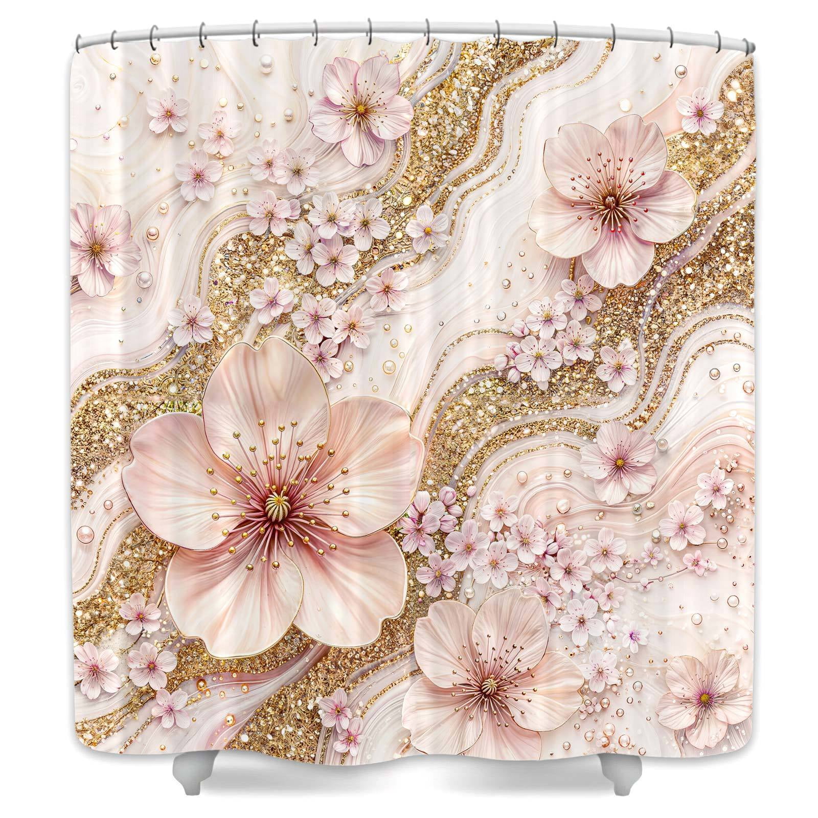 Pink Cherry Blossom Marble Shower Curtain, Luxury Gold Glitter Floral Bathroom Decor, Modern Abstract Minimalist Bath Curtain, Waterproof Polyester Fabric with Hooks,60X70in