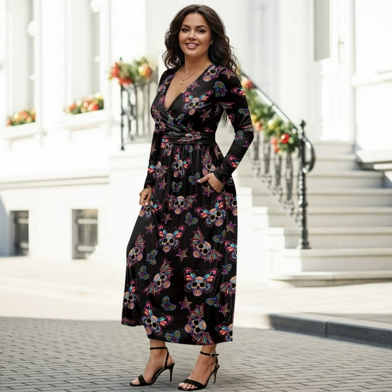 Fkelyi Star Bat Skull Print Womens Fall Dress Long Sleeve Maxi Dress for Wedding Party Casual Outdoor Cloth V Neck Soft Dresses with Pocket, M Fkelyi Star Bat Skull Print Womens Fall Dress Long Sleeve Maxi Dress for Wedding Party Casual Outdoor Cloth V Neck Soft Dresses with Pocket, M