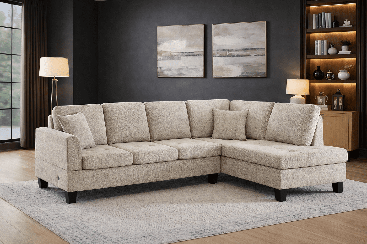 K-Living Almond Fabric Sectional with Two Accent Pillows