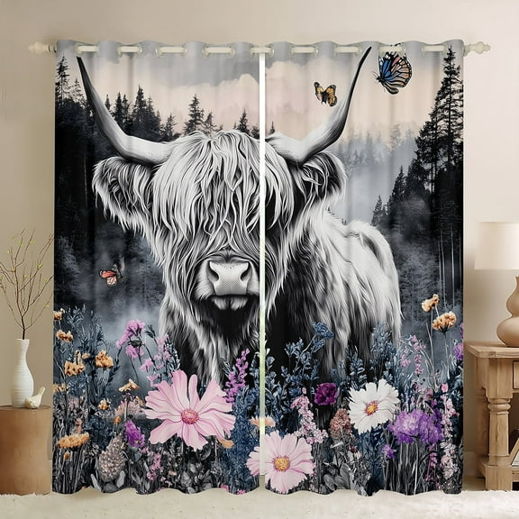 Castle Fairy White Highland Bull Black Out Curtains for Teens Girls Boys,Spring Graden Flowers Curtains Pack Of 2 (42X63 Each),Rustic Animal Bedroom Curtains,Luxury Bedroom Decor