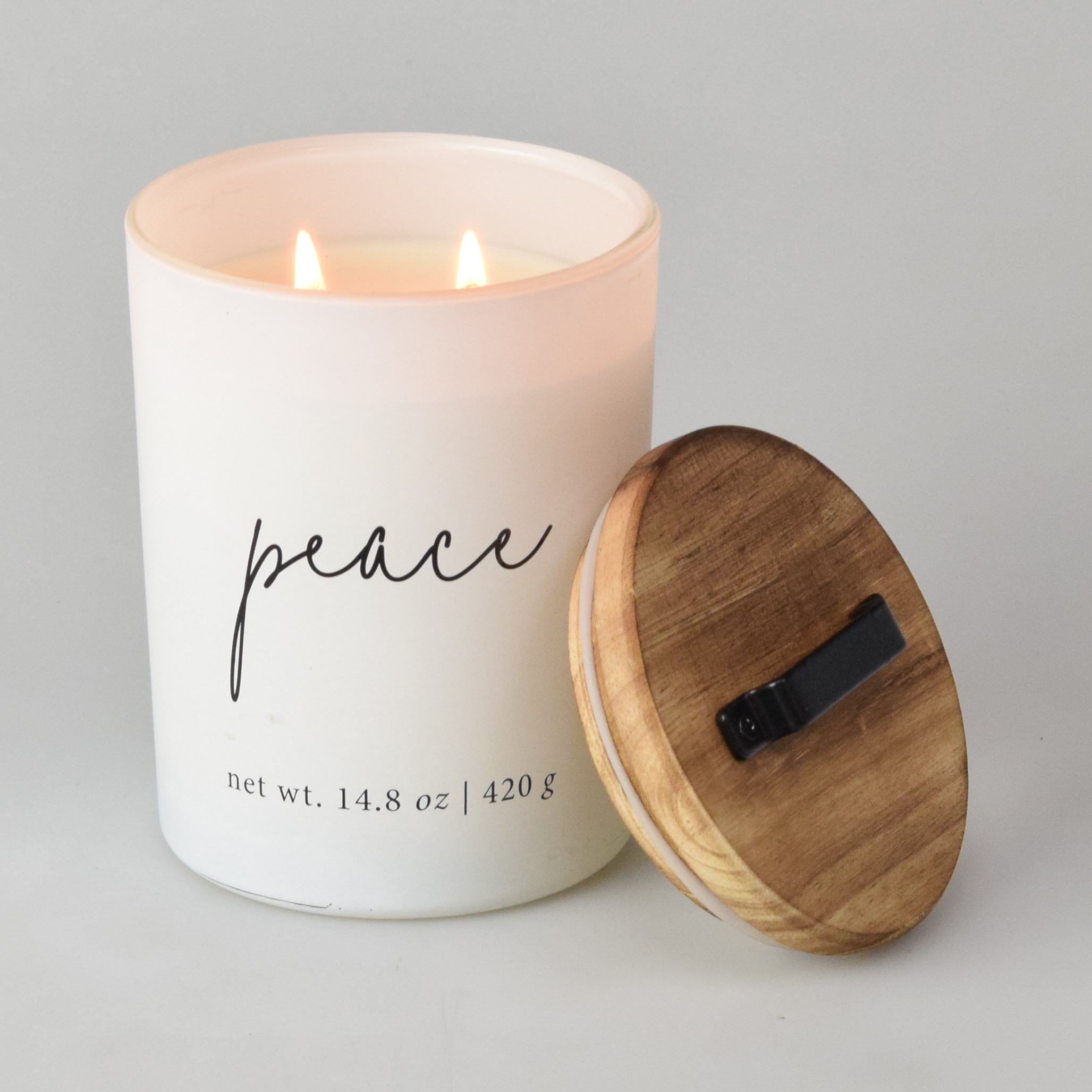 Better Homes & Gardens Farmhouse Sentiments Peace Patchouli & Balsam Scented 2-Wick Candle Jar with Wood Lid & Metal Handle 14.8oz
