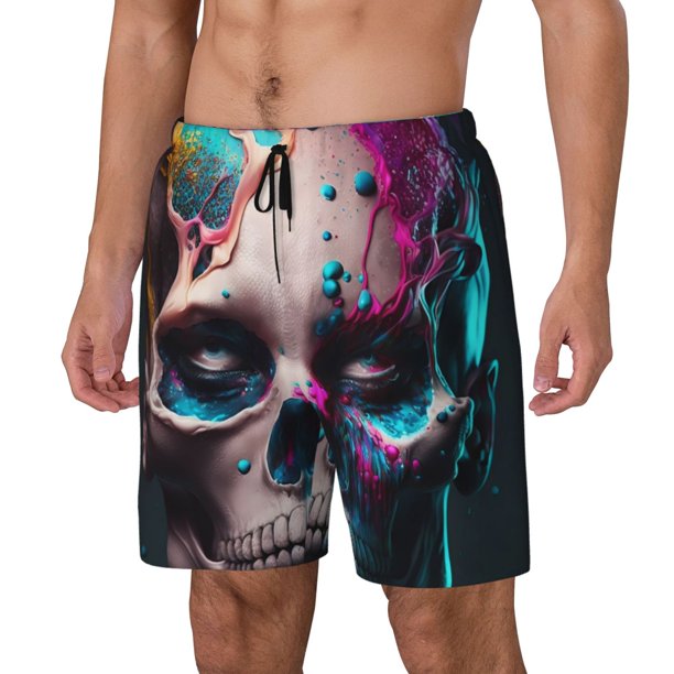 Fotbe Modern Abstract Colorful Skull B Traje de Baño para Hombre – Shorts de Natación de Secado Rápido con Forro y Bolsillos-Small