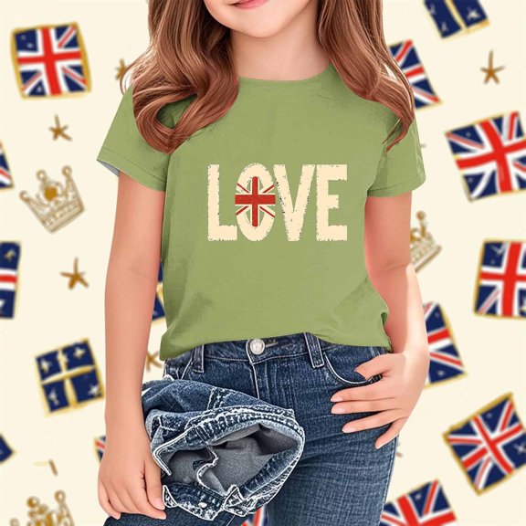 hengsof Girls Summer Casual T-Shirts Children Fashionable Printed Short Sleeve Crew Neck Shirts Soft Comfortable Tops