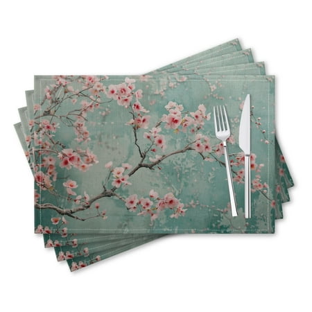 

BaHomeck placemats Set of 4 rectangle Linen Cotton Placemats for Dining Table Washable Heat Resistant 18*12inch Delicate Pink Cherry Blossoms Adorn Aqua-Colored Wall