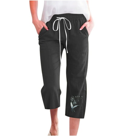 qILAKOG Women s Sweatpants Cotton Linen Capri leggings Cropped Jogger Running Pants Lounge Loose Fit Drawstring Waist Athletic Soft Opaque Slim Control Printed Pants for Cycling Yoga with Side Pockets