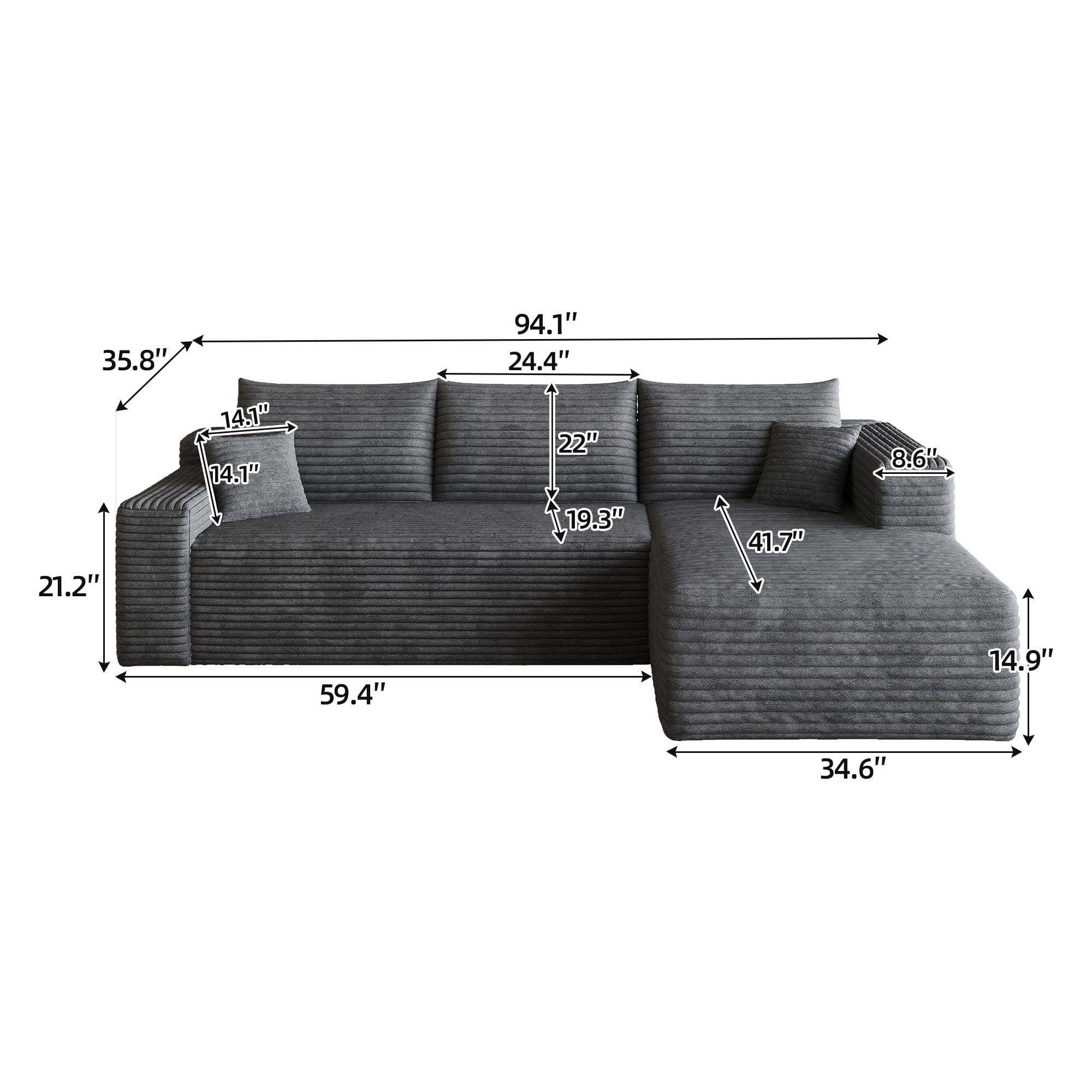 Sailvan 95" Cloud Sectional Sofa - Modern U-Shaped Modular Couch with Deep Seats - Plush Corduroy Fabric - No Assembly Required Dark Grey Right