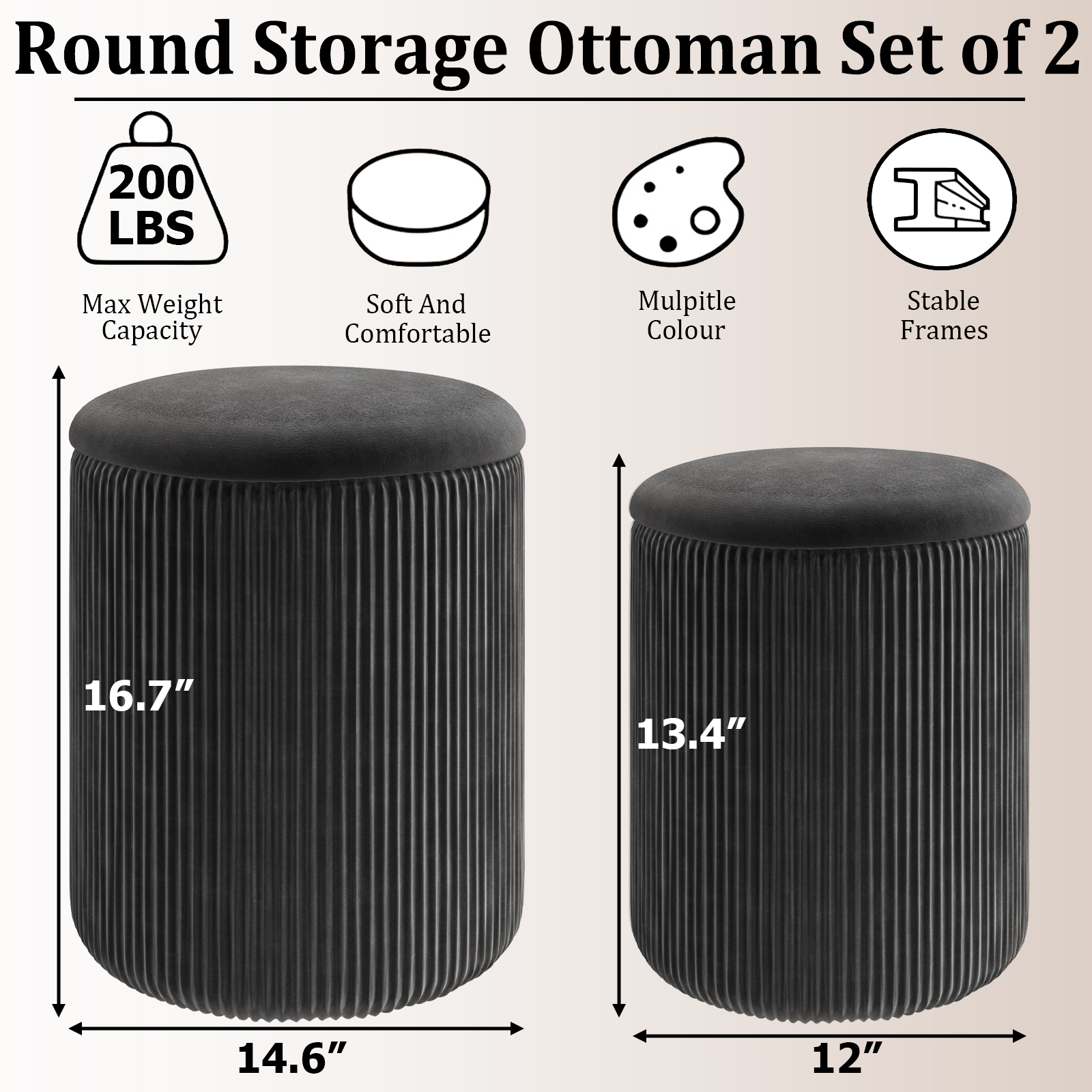 Waleaf Round Ottoman Foot Stool with Storage Set of 2, Upholstered Velvet Vanity Stool for Living Room & Bedroom, Black