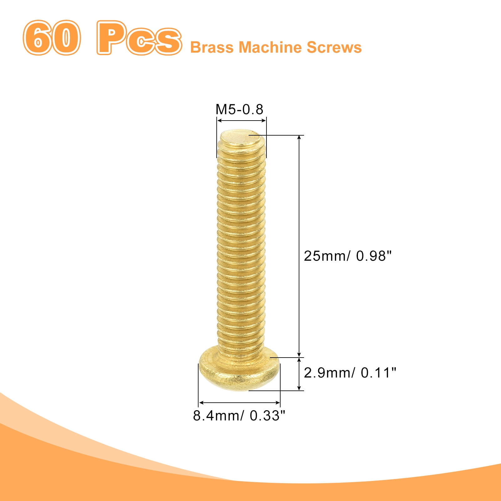 60Pcs Brass Machine Screws, M5x25mm Phillips Pan Head Fastener Machinery Bolts
