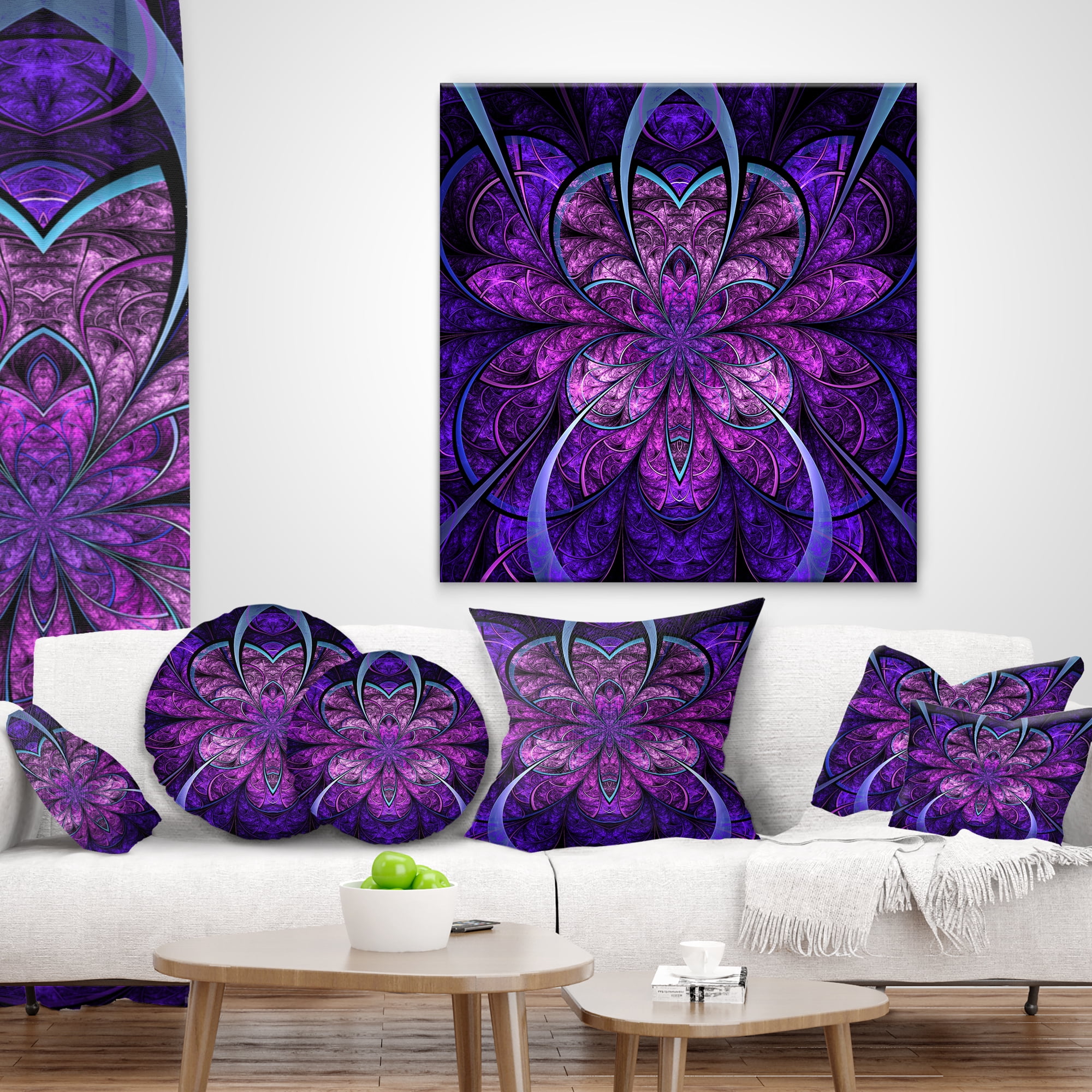 Designart Blue and Purple Large Fractal Flower - Floral Throw Pillow - 16x16