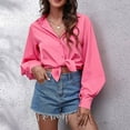 thumbnail image 4 of Women's Button down Shirts Collared Vneck Lantern Long Sleeve Tops Casual Solid Color Dressy Chiffon Blouse Tee, 4 of 7