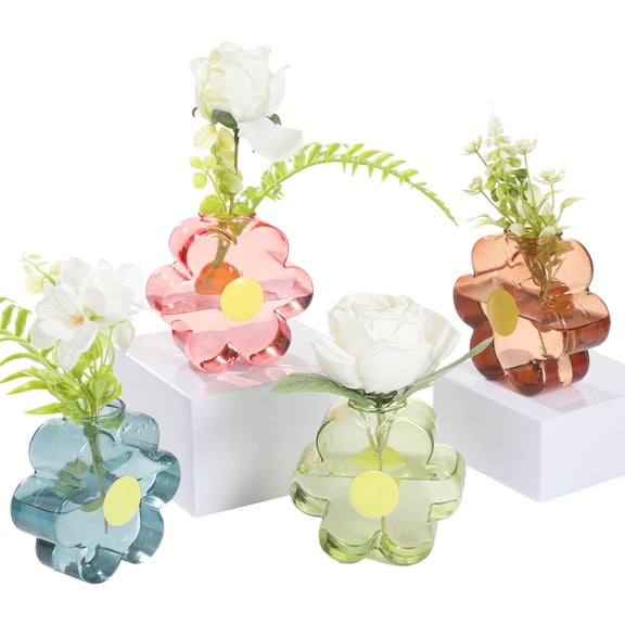 4PCS Small Glass Bud Vases, Colored Flower Vases Set, 3.74" x 3.9" Decorative Home Decor Centerpieces, Cute Plant Propagation Stations for Tabletop, Office, Living Room