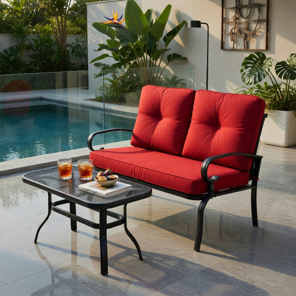 Hommoo 4-Piece Outdoor Rattan Patio Furniture Set, PE Rattan Loveseat, 2 Single Chairs & Tempered Glass Coffee Table for Backyard, Balcony, Garden, Black