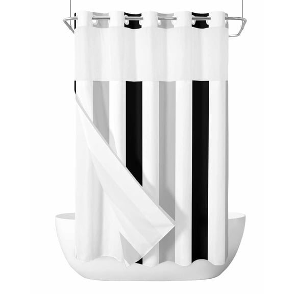 No Hook Cloth Fabric Shower Curtain with Snap in Liner, Black Grey Stripes Waterproof Shower Curtains Set with See Through Top Window, White Striped Vertical Modern Geometric Bath Curtains 54"x78"