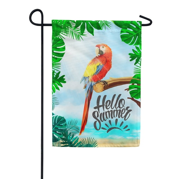 America Forever Hello Summer Exotic Tropical Bird Garden Flag 12.5 x 18 inches Palm Tree Beach Toucan Macaw Parrot Double Sided Seasonal Yard Outdoor Decorative Coastal Garden Flag