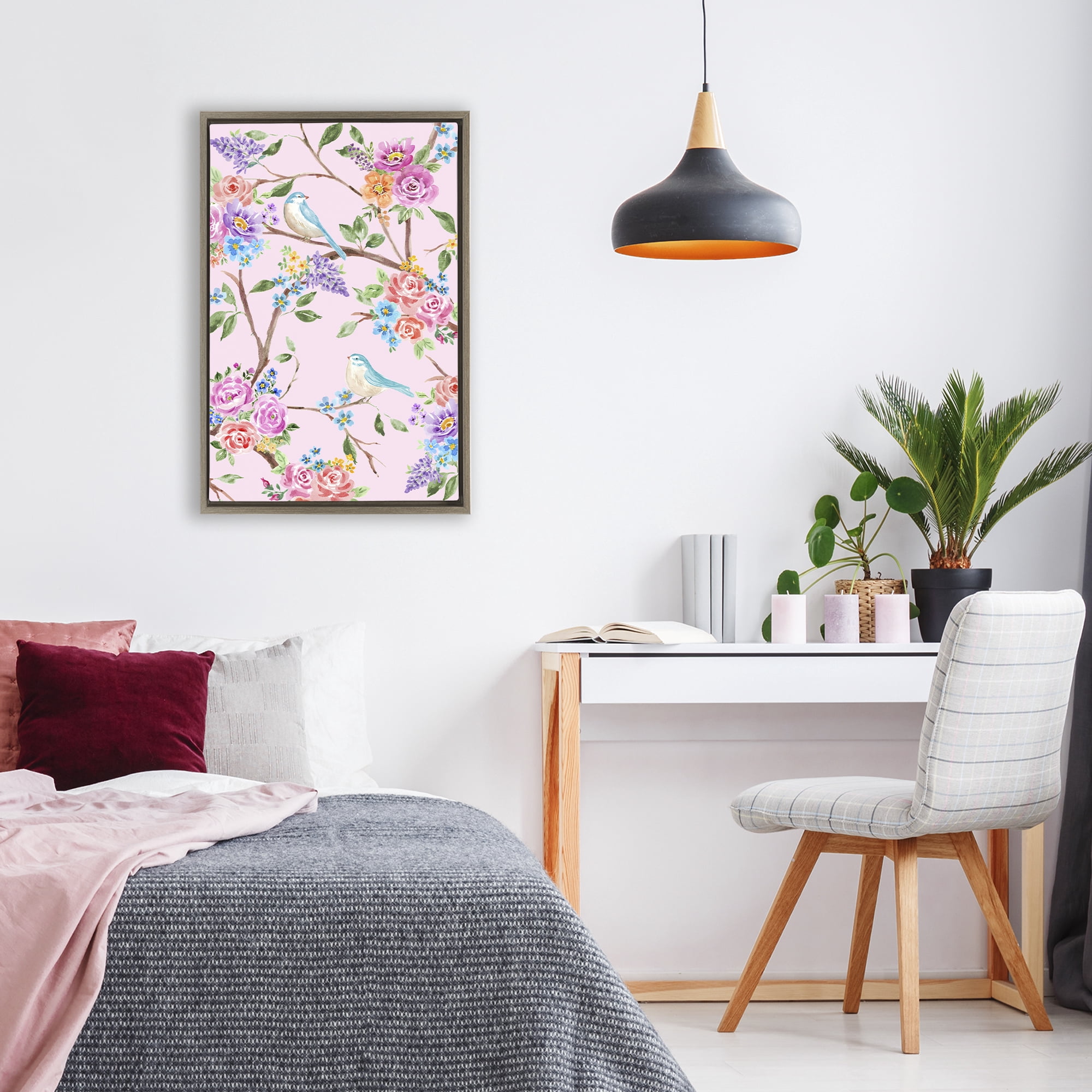 Stupell Industries Pink & Blue Spring Florals Brown Framed Floater Canvas Wall Art, design by Corinne Haig