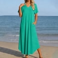 thumbnail image 2 of DHFJKG Summer Dresses For Women Long Dress Short Sleeve V Neck Flowy A Line Solid Color Comfortable Curved Hem Tunic Beach Vacation Clothes Versatile Dresses, 2 of 5