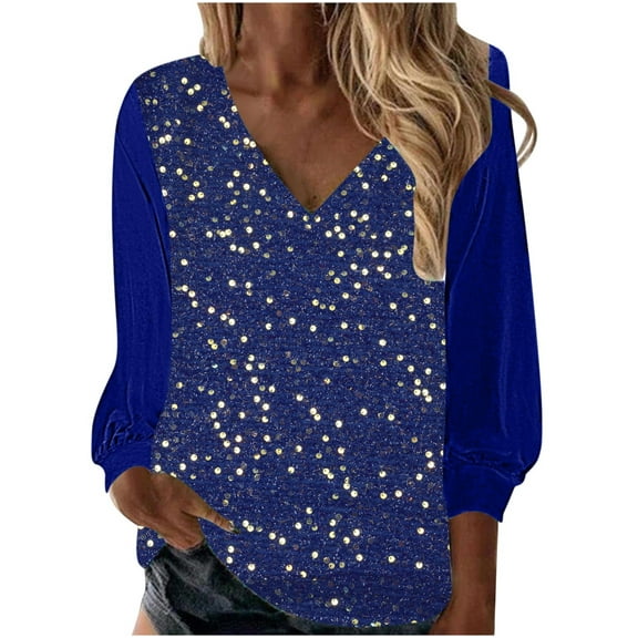 FamilyThread Women's Sequin V-Neck Tops Sheer Long Sleeve Glitter Sparkly Party Blouse Dressy Tops for Evening Party