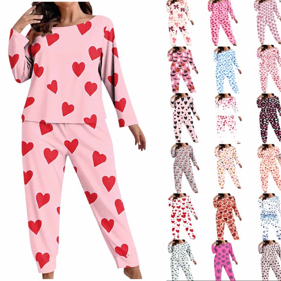 Hzzrkos Women Casual Plus Size Loose Print Boat Neck Long Sleeve Relaxed Fit Loungewear Pajama Set, Soft Two Piece Sleepwear Outfit For Indoor Daily Wear Pink XXXXL