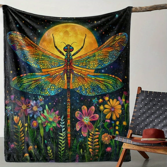 Colorful Dragonfly and Floral Moon Print Flannel Blanket – Soft, Cozy, All-Season Throw for Sofa, Bed, Car, Office, Camping, Travel – Vibrant Mosaic Design, Polyester