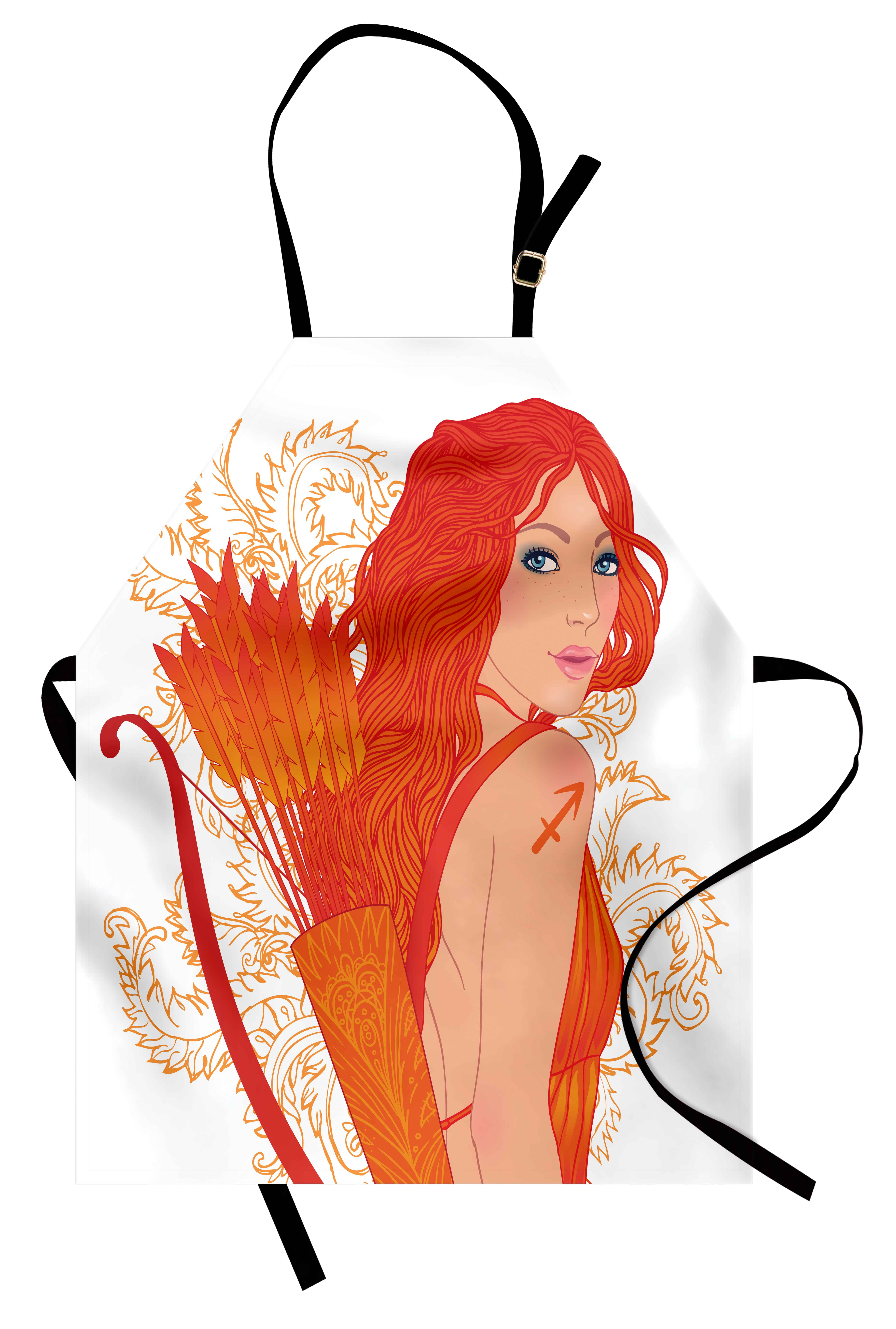 Zodiac Sagittarius Apron Archer Woman with Swirled Leaves Background Cartoon Zodiac Design, Unisex Kitchen Bib Apron... by 3decor llc