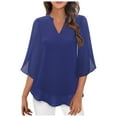 thumbnail image 4 of DuoJiaJ Womens Tops Dressy Casual Ruffle 3/4 Sleeve V Neck Double Chiffon Blouses Women’s Linen Button-Down Shirts for Summer Blue S, 4 of 5